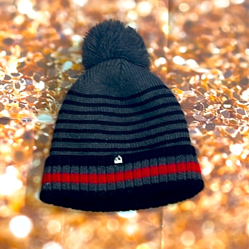 Black Striped Knit Beanie with Red Accent and PomPom